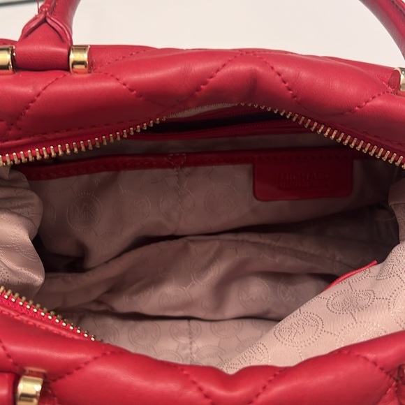 Michael Kors Fulton Red Quilted Leather Satchel Bag Top Handle Crossbody Holiday - Picture 6 of 9